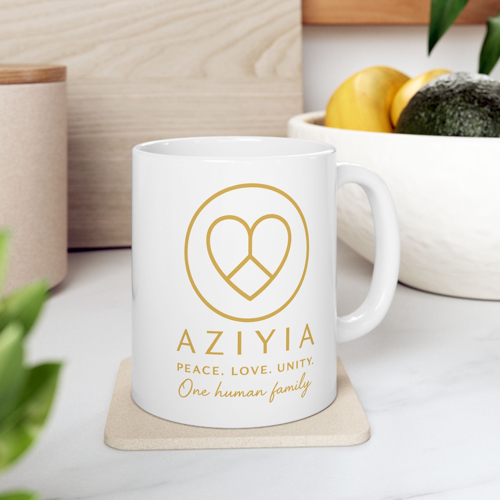 AZIYIA Signature Mug | Peace. Love. Unity. One Human Family. Ceramic Coffee Mug