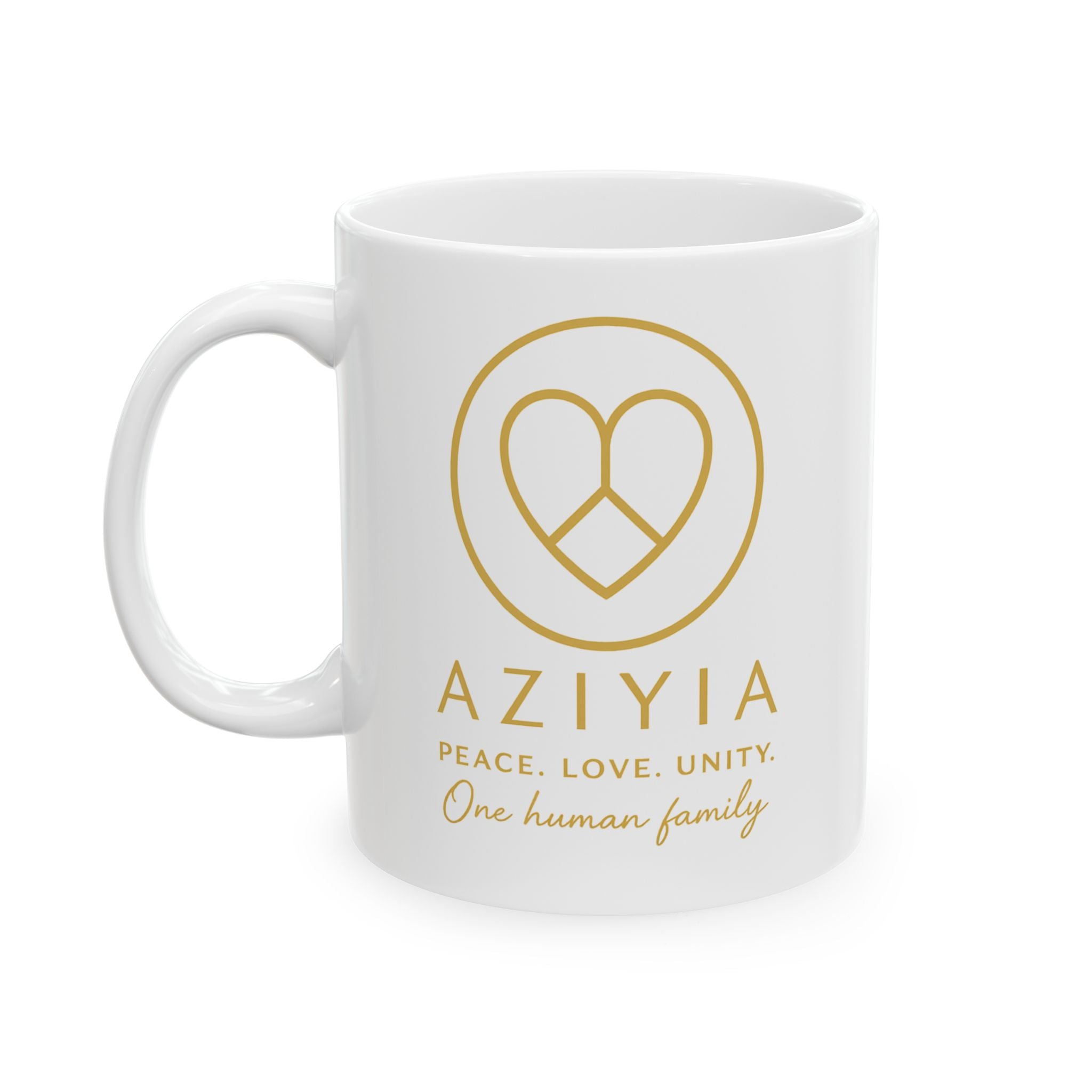 AZIYIA Signature Mug | Peace. Love. Unity. One Human Family. Ceramic Coffee Mug