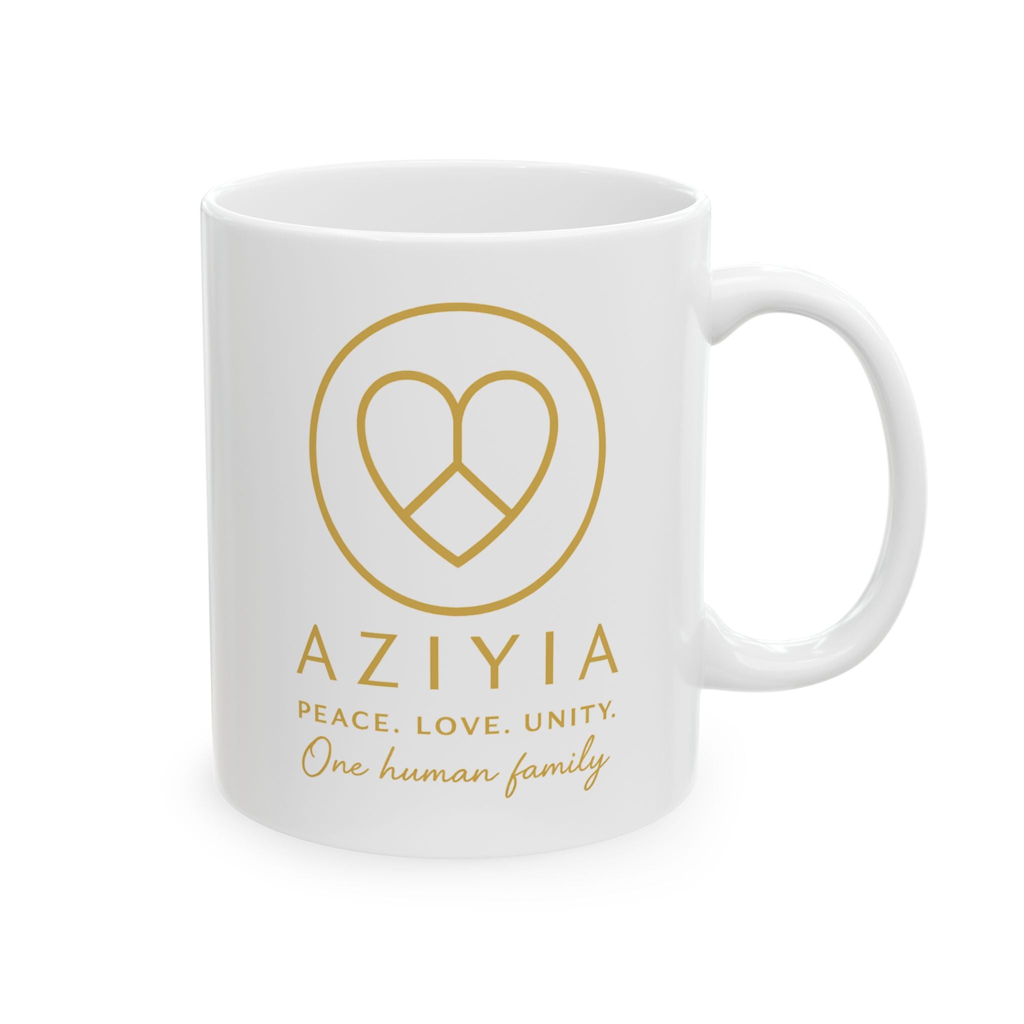 AZIYIA Signature Mug | Peace. Love. Unity. One Human Family. Ceramic Coffee Mug