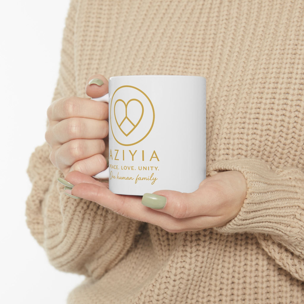 AZIYIA Signature Mug | Peace. Love. Unity. One Human Family. Ceramic Coffee Mug